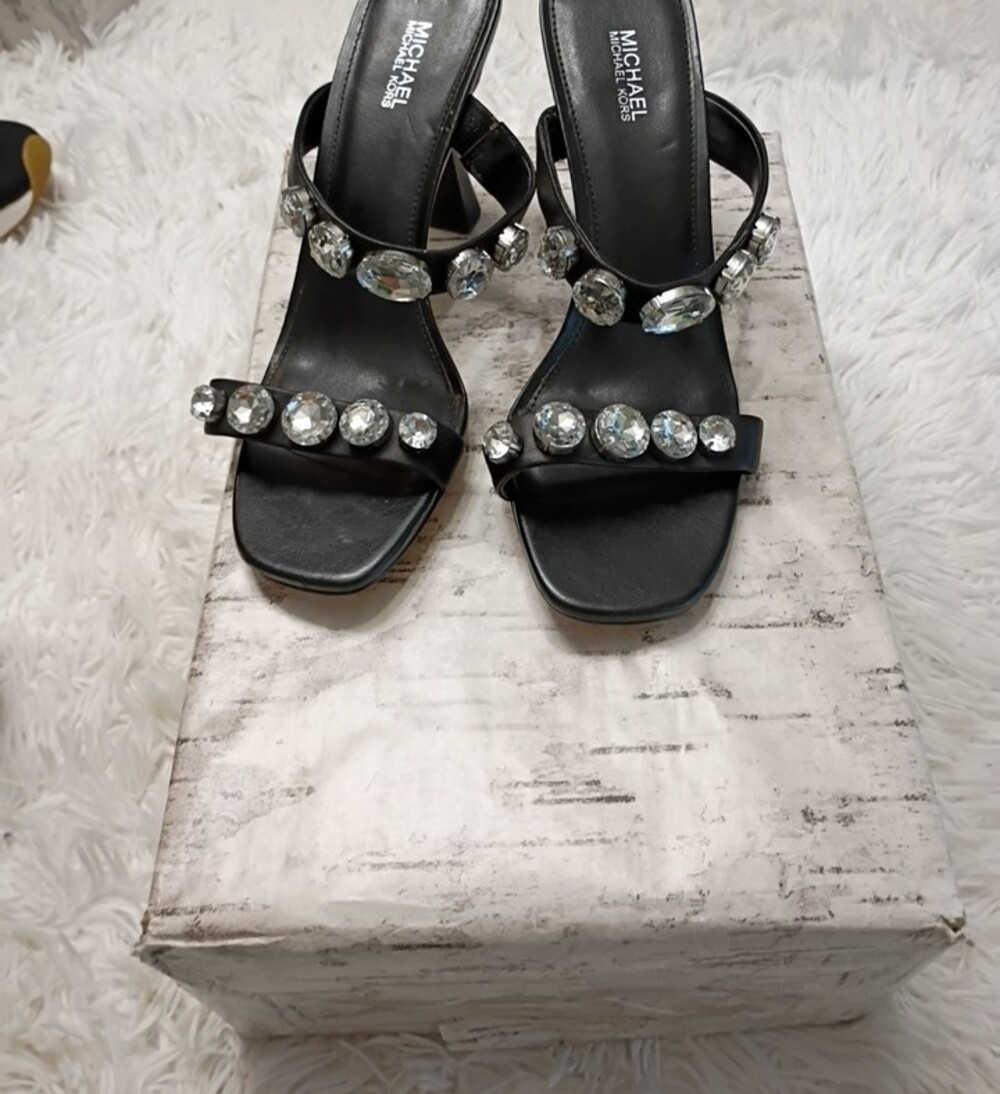 Michael Kors Clara Black Leather & Large Crystal Jeweled Slide Mules Sandals 7.5 - Picture 9 of 16